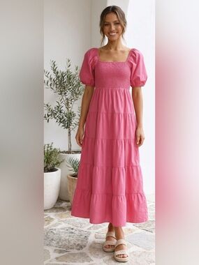 Pink Puff-Sleeve Tiered Midi Dress - Stylish Women’s Summer Dress